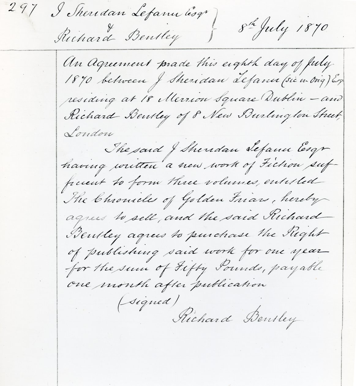 Förlagskontrakt mellan Joseph Sheridan Le Fanu och Richard Bentley för 