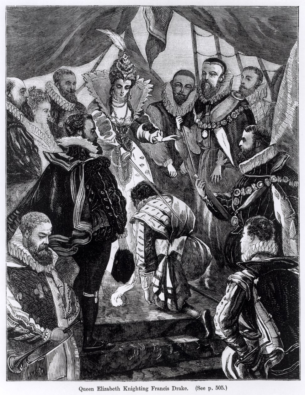 Dronning Elizabeth I (1530-1603) ridder Francis Drake (ca. 1540-96) i 1581 sverige av English School
