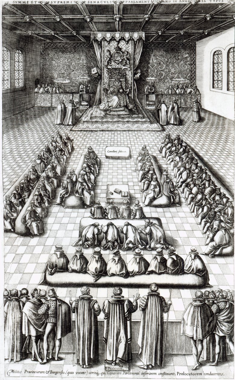 Dronning Elizabeth I (1533-1603) i parlamentet swed av English School