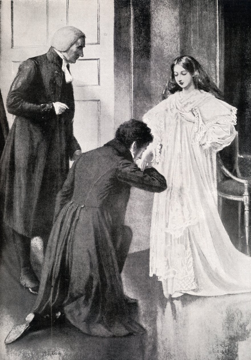 Drottning Victoria (1819-1901) tar emot nyheten om sin trontillträde i Kensington Palace den 20 juni 1837. av English School