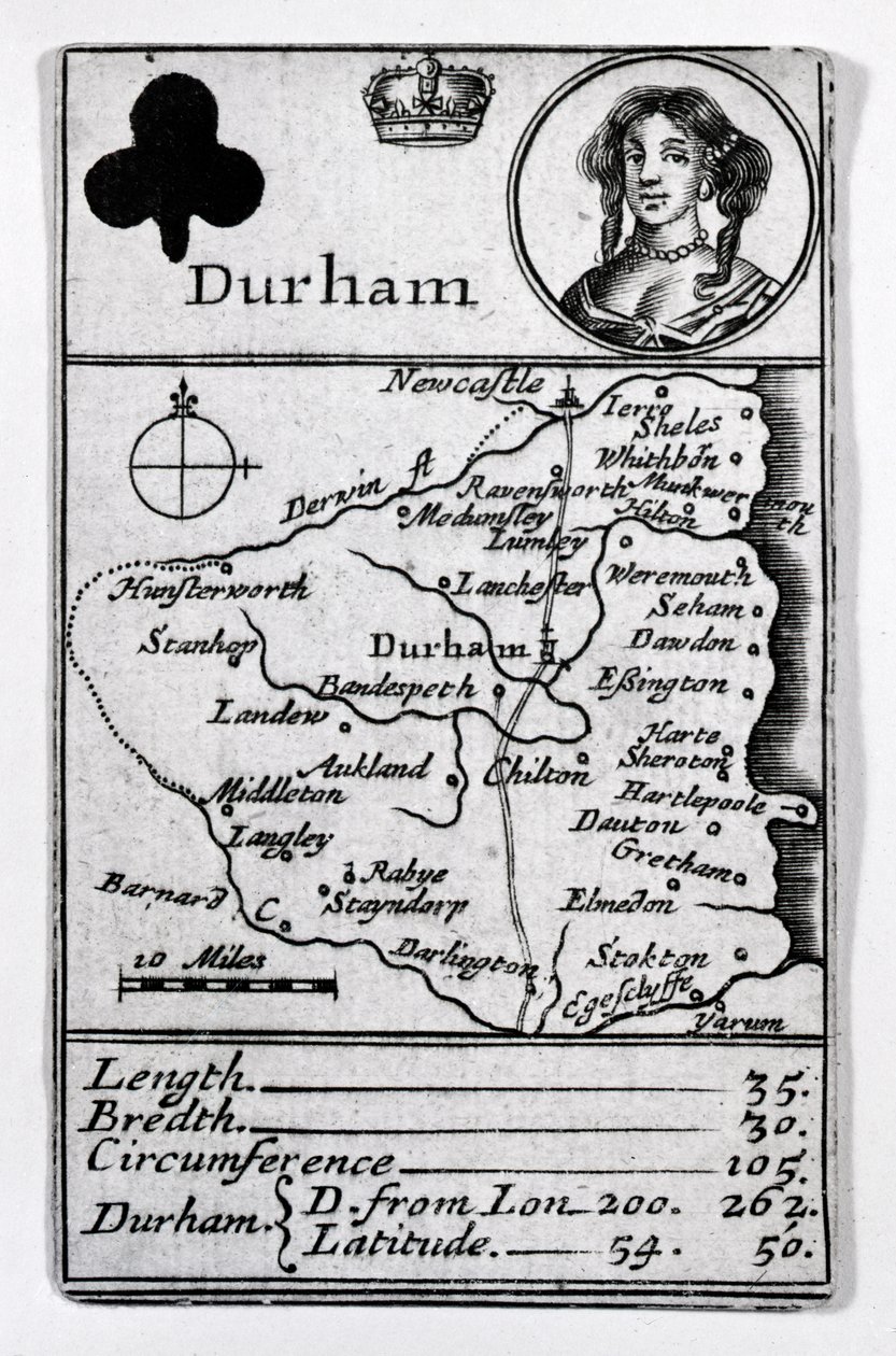 Queen of Clubs och Durham karta, c.1675 av English School