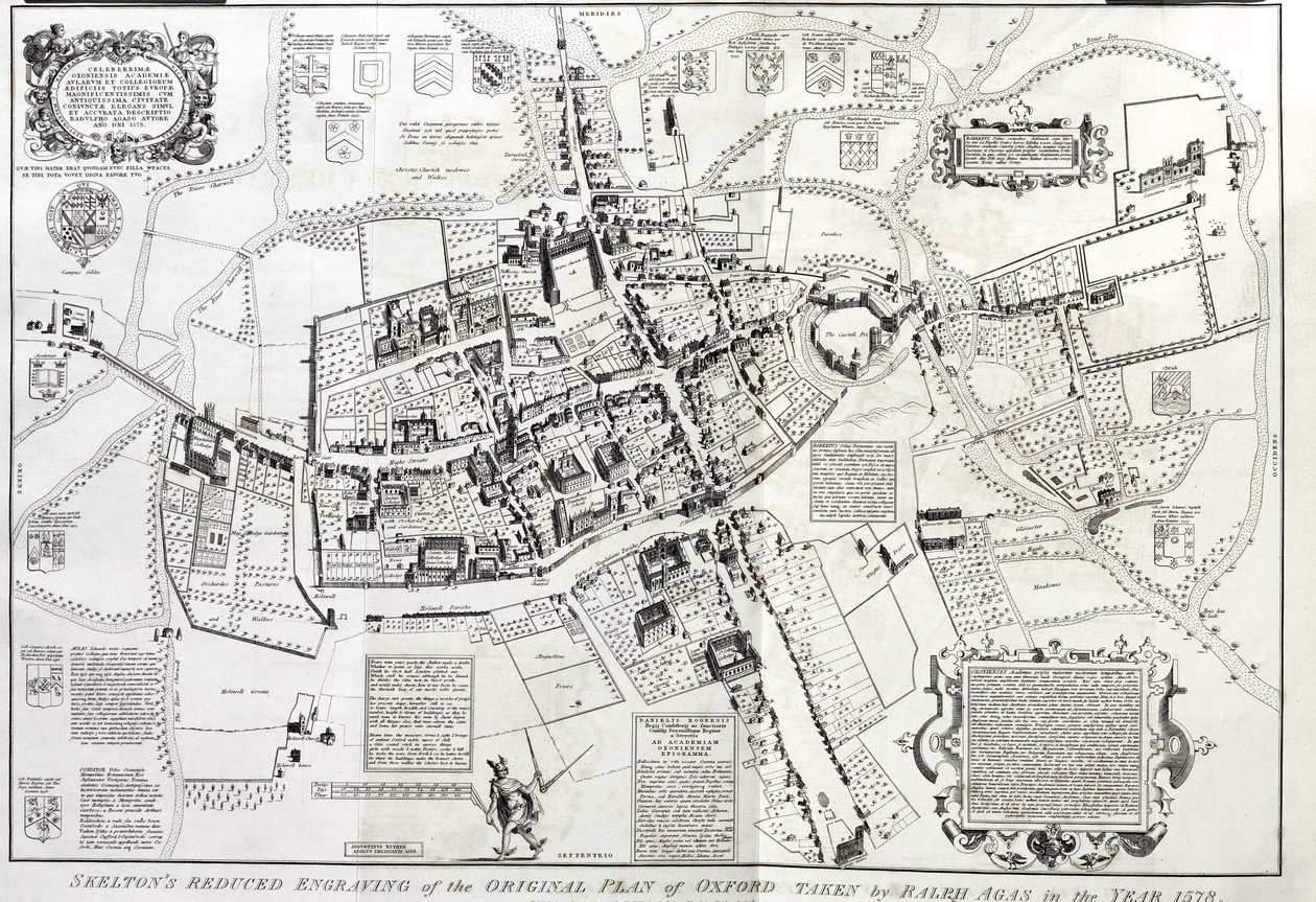 RSOS168, Frontispice till Oxonia antiqua restaurata, ett fågelperspektiv av Oxford, reducerad version av originalet av Ralph eller Radulph Agas (ca 1540-1621) från 1578, av Joseph Skelton, Oxford, graverad av W av English School
