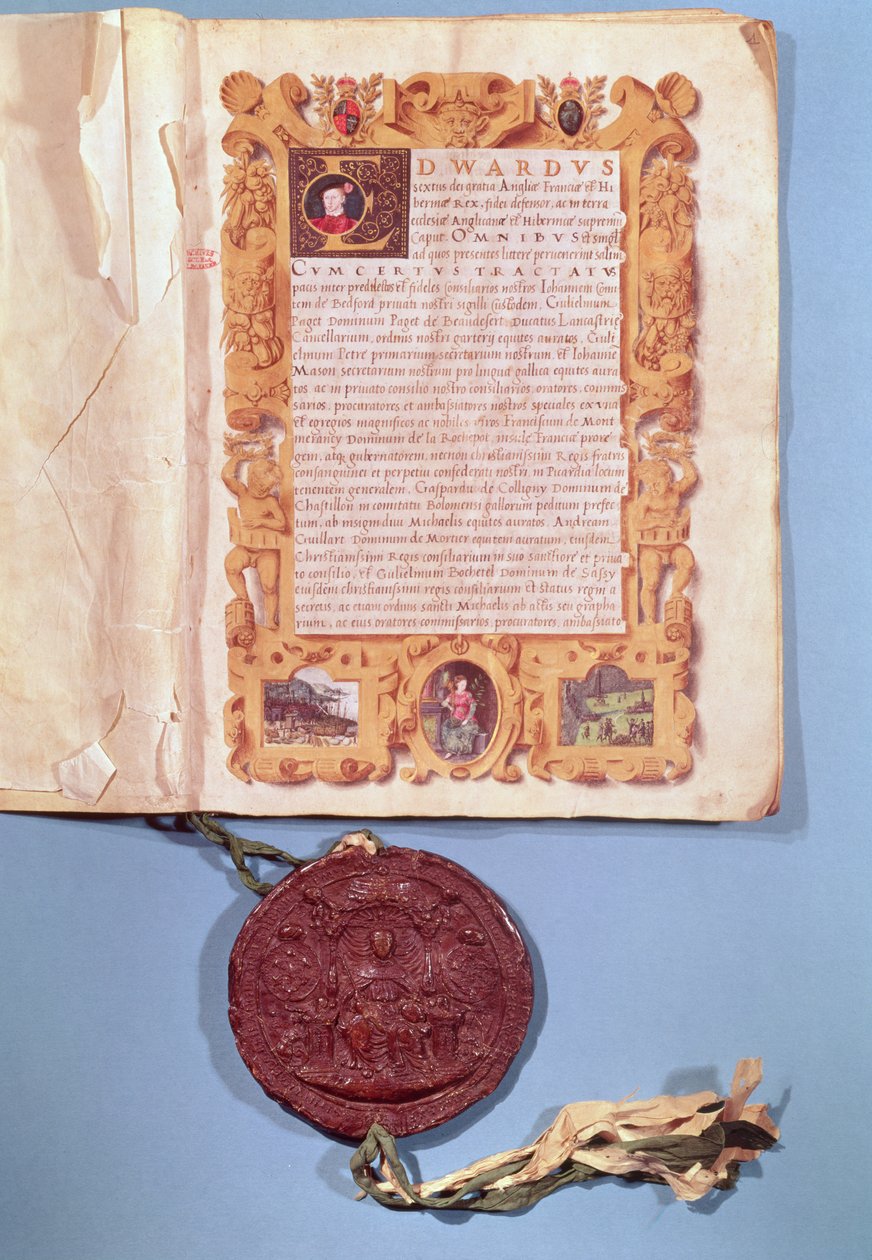 Edward VI:s (1537-53) ratificering av Boulognefördraget den 25 maj 1550. av English School
