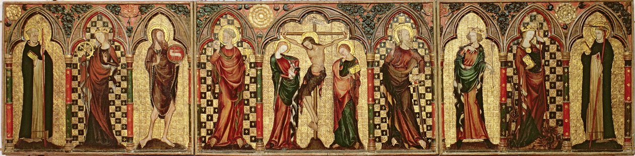 Returtabell föreställande korsfästelsen med åtta heliga, ca 1300 (tempera och bladguld på panel) (se även 1713) av English School