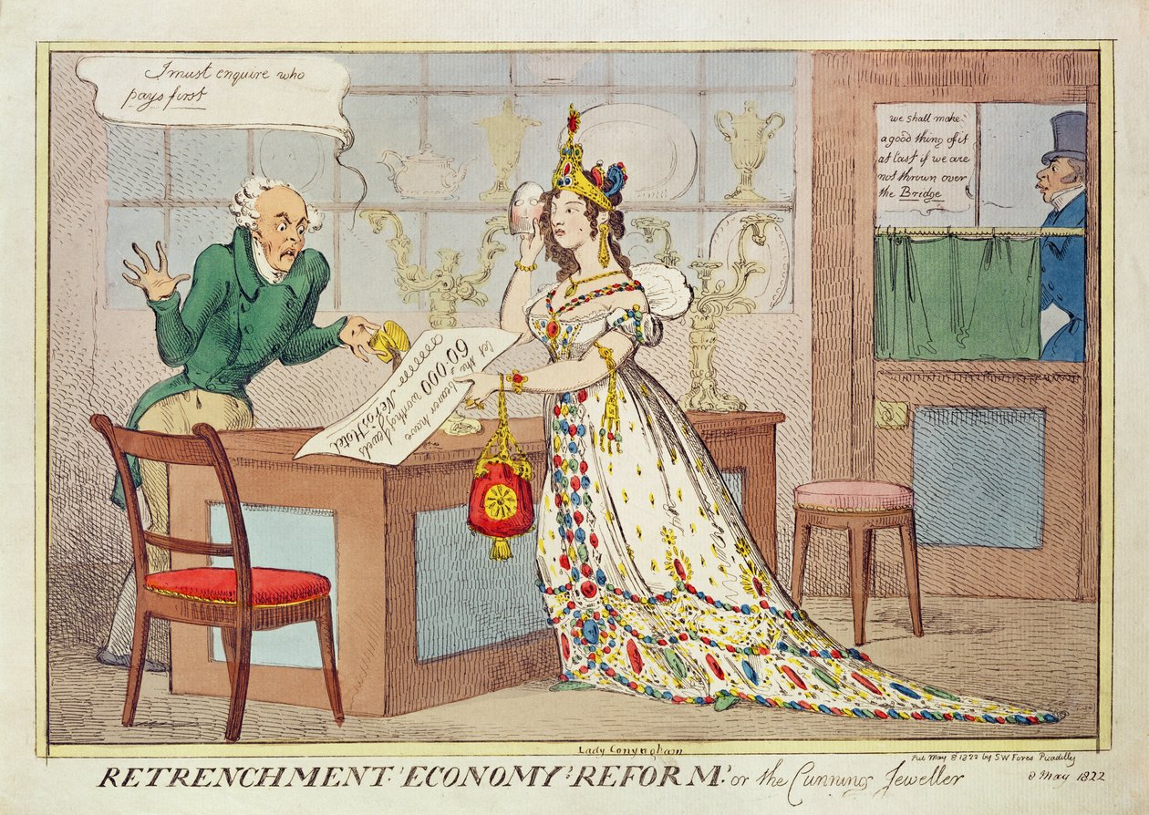 Retrenchment Economy Reform, eller den listiga juveleraren, 1822 (etsning i färg) av English School