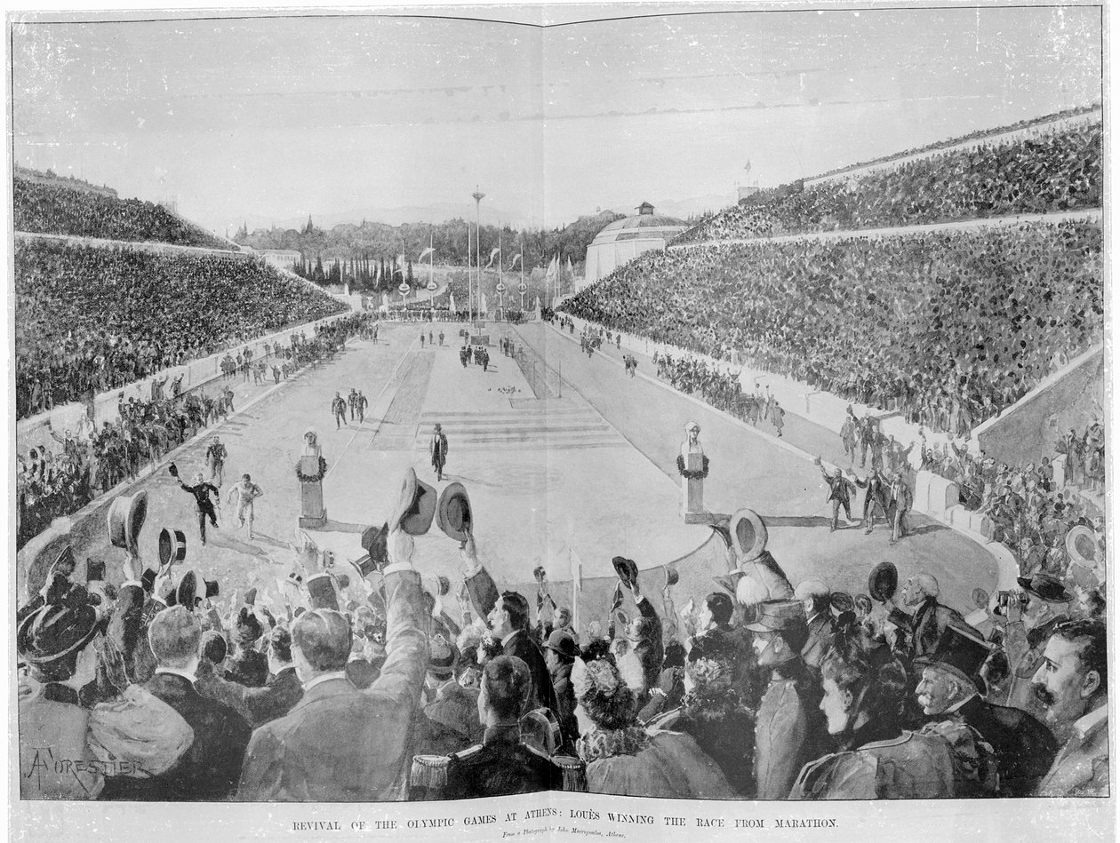 Återupplivande av de olympiska spelen i Aten: Loues vann loppet från Marathon, 10 april 1896 av English School
