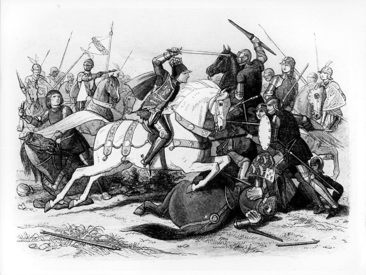 Richard III (1452-85) i slaget vid Bosworth 1485 av English School