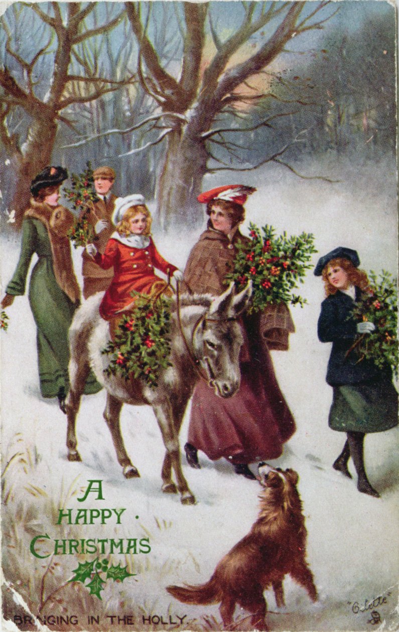 Rider åsnan genom snön, julkort av English School