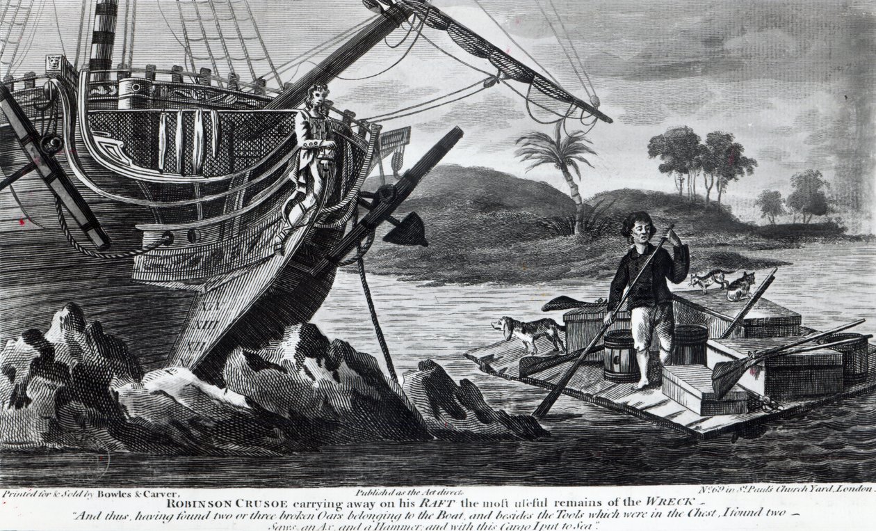 Robinson Crusoe bär bort de mest användbara resterna av vraket på sin flotte av English School