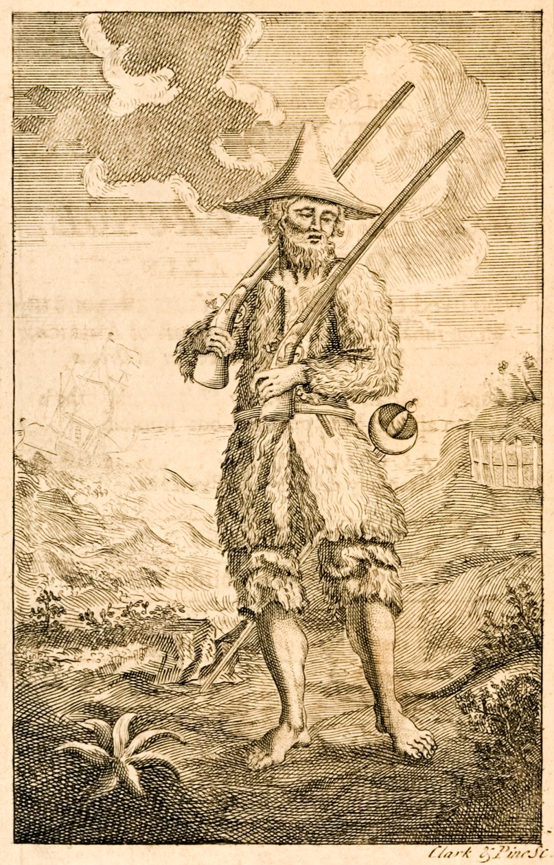?Robinson Crusoe? frontispice-illustration som visar den förmodade författaren Crusoe på stranden med musköter och svärd, från ?The Life and Strange Surprising Adventures of Robinson Crusoe, eller York, Marine av English School