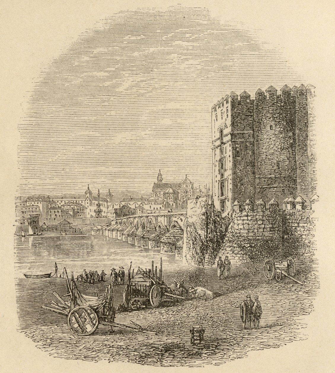 Romersk bro och Calahorra Tower, Cordoba, illustration från "Spanish Pictures" av pastor Samuel Manning av English School