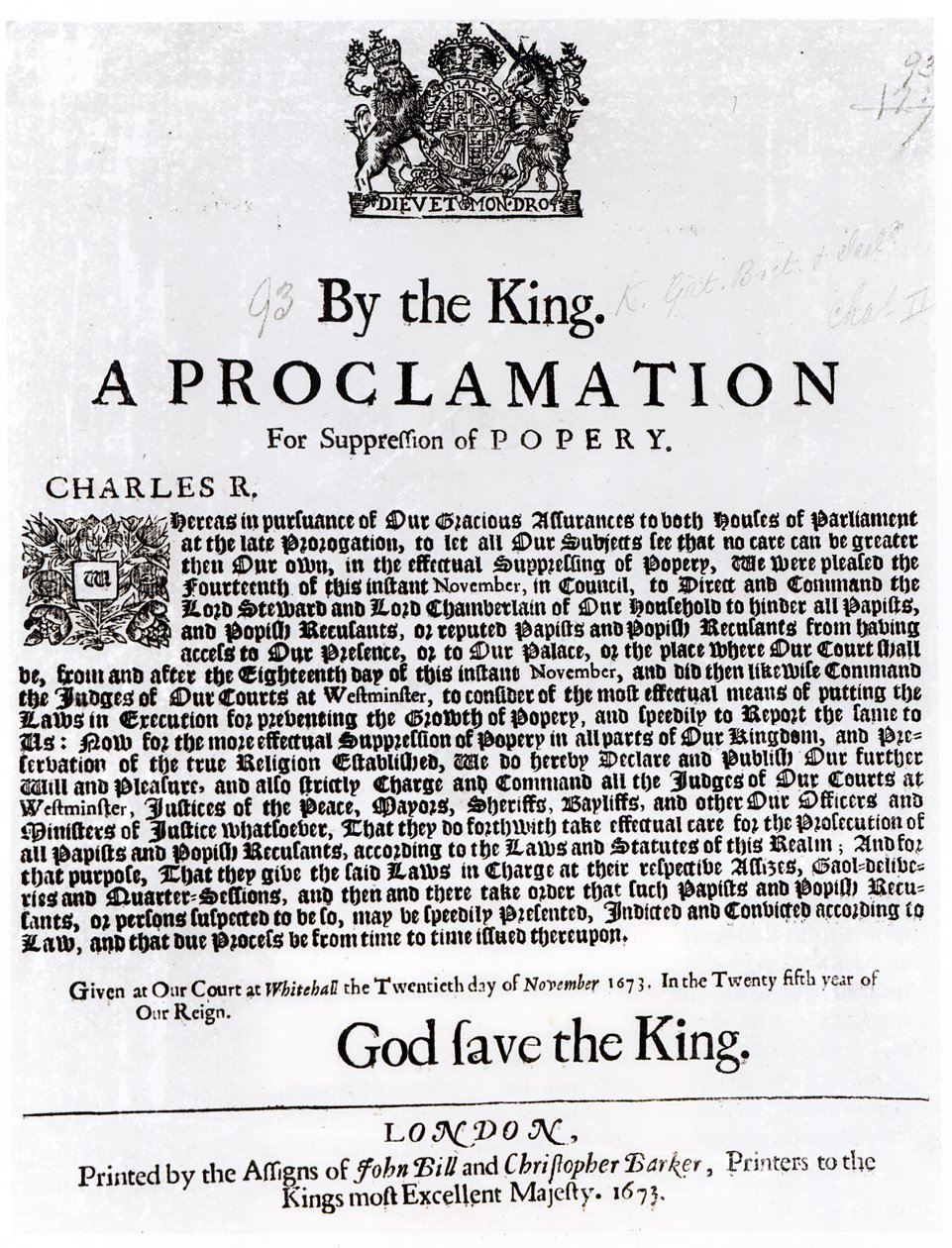 Kunglig förklaring, 1675 av English School