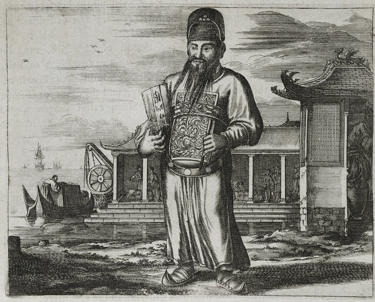 Högre statstjänsteman som samlar in skatter, illustration från en beskrivning av ambassader till Kina, 1690 av English School