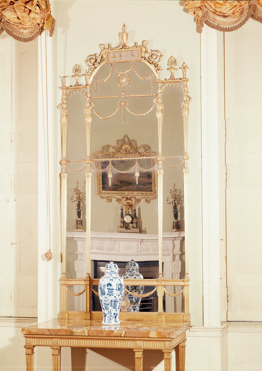 Sidobord och bryggglas, snidat och förgyllt, designat av Robert Adam, 1777 av English School