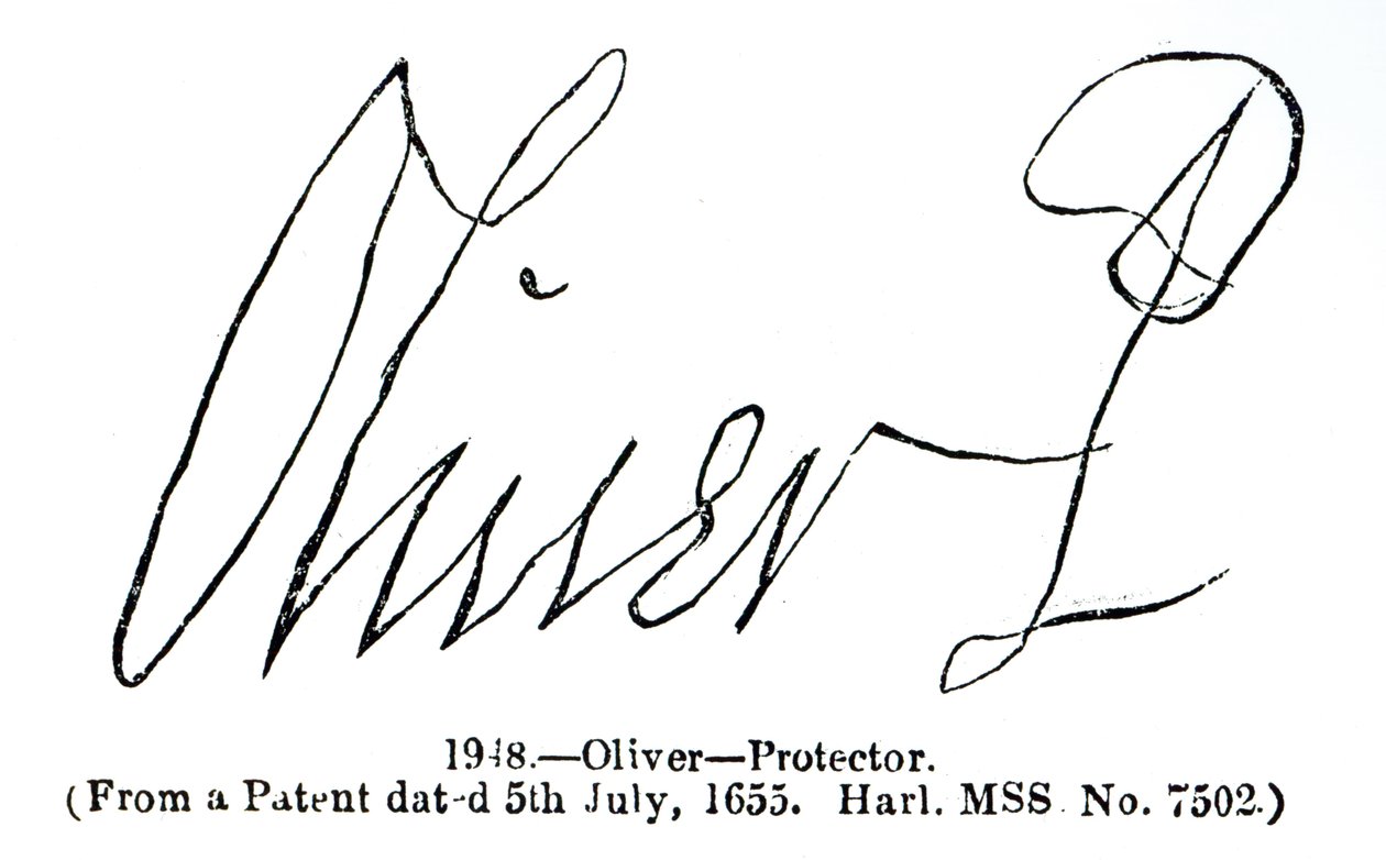 Signatur av Oliver Cromwell (1599-1658) Lord Protector, från ett patentmanuskript (Harl.MSS No.7502) daterat 5 juli 1655 av English School