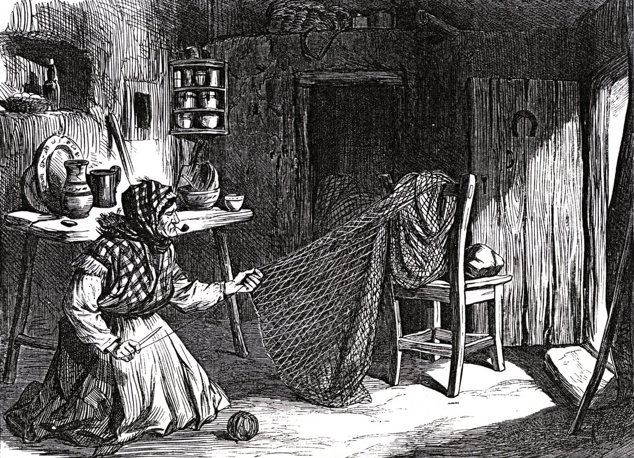 Skisser från Irland: Kvinna som gör nät i Claddagh, Galway, illustration från 