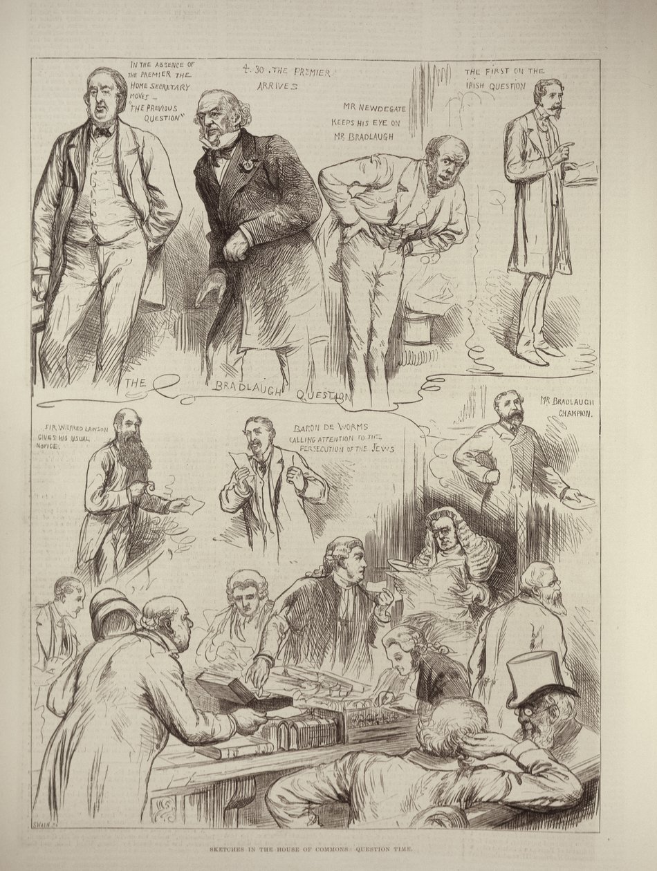 Sketcher in the House of Commons: Frågestund, från The Illustrated London News, 18 februari 1882 av English School