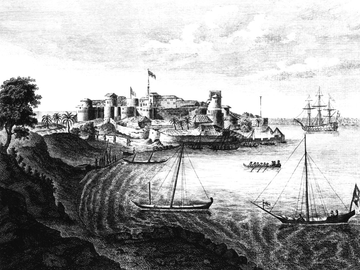 Sydostlig vy av Geriah Fort, landstigningsplatsen och ingången från "A Voyage to India" av Edward Ives, version publicerad 1773. av English School
