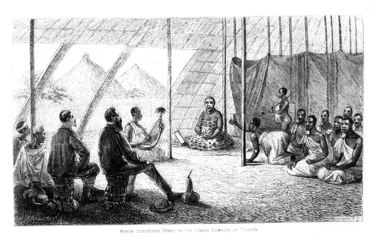 Speke (1827-64) presenterar Grant (1827-92) till änkedrottningen av Uganda av English School