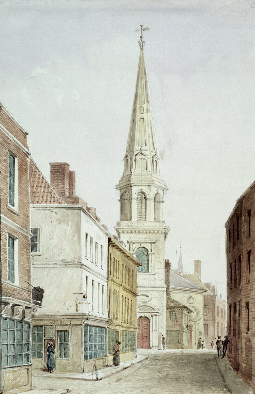St. Antholins Church, en vy från väster längs Watling Street, ca 1850 (wc på papper) av English School