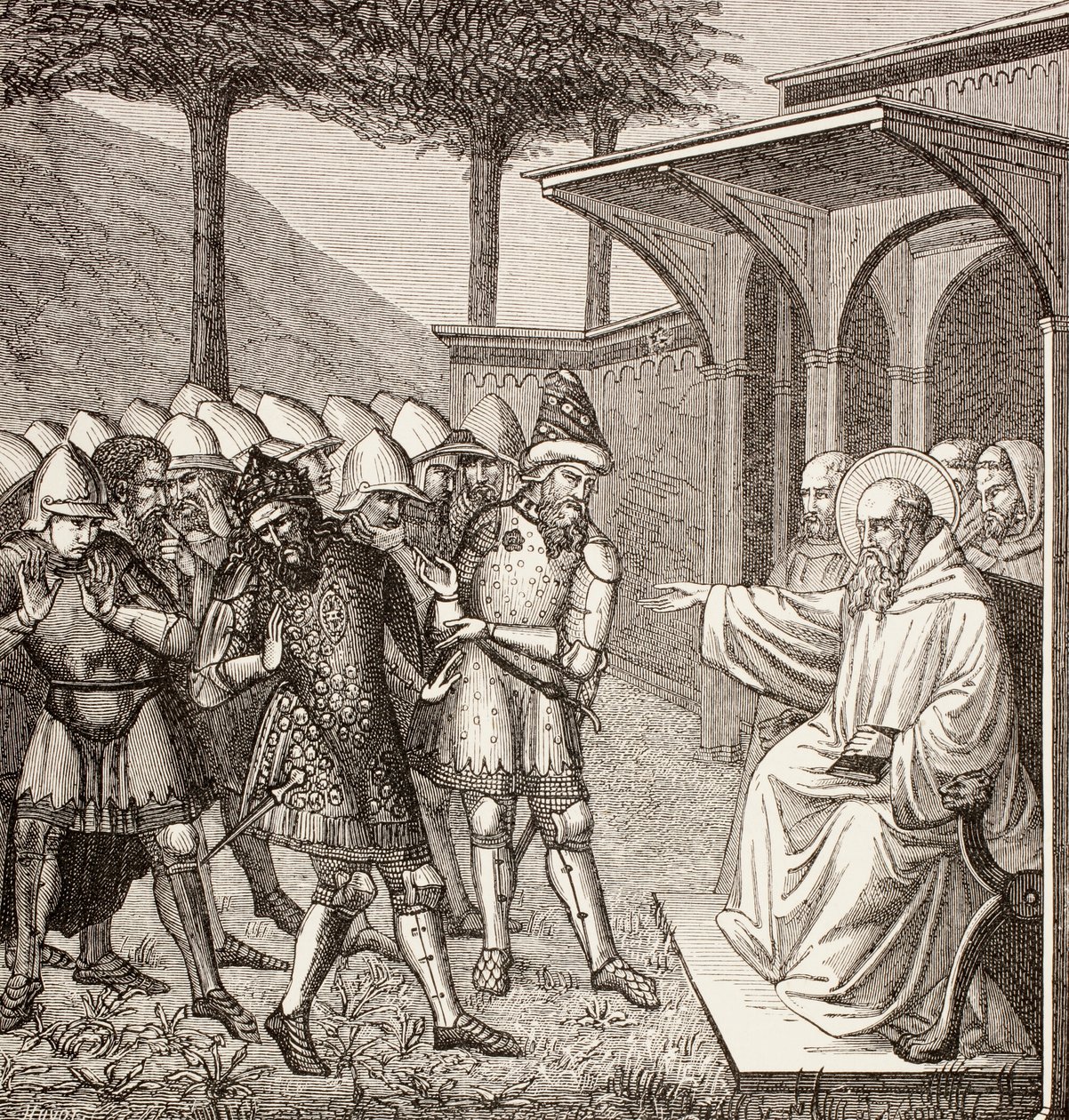 Ua faitioina e St Benedict o Nursia le Tupu o le Ostrogoths, c.1880 swed av English School