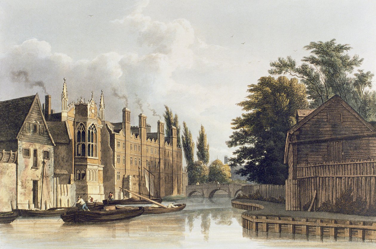 St. Johns College, Cambridge från Fishers Lane, tallrik från A History of Cambridge av R. Ackermann, 1815 av English School