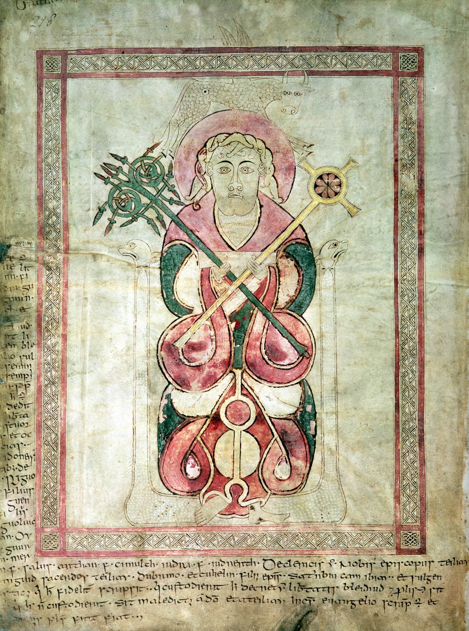 St. Luke och hans bevingade kalv, titelsida till St. Luke-evangeliet, från Lichfield-evangelierna, c.720 av English School