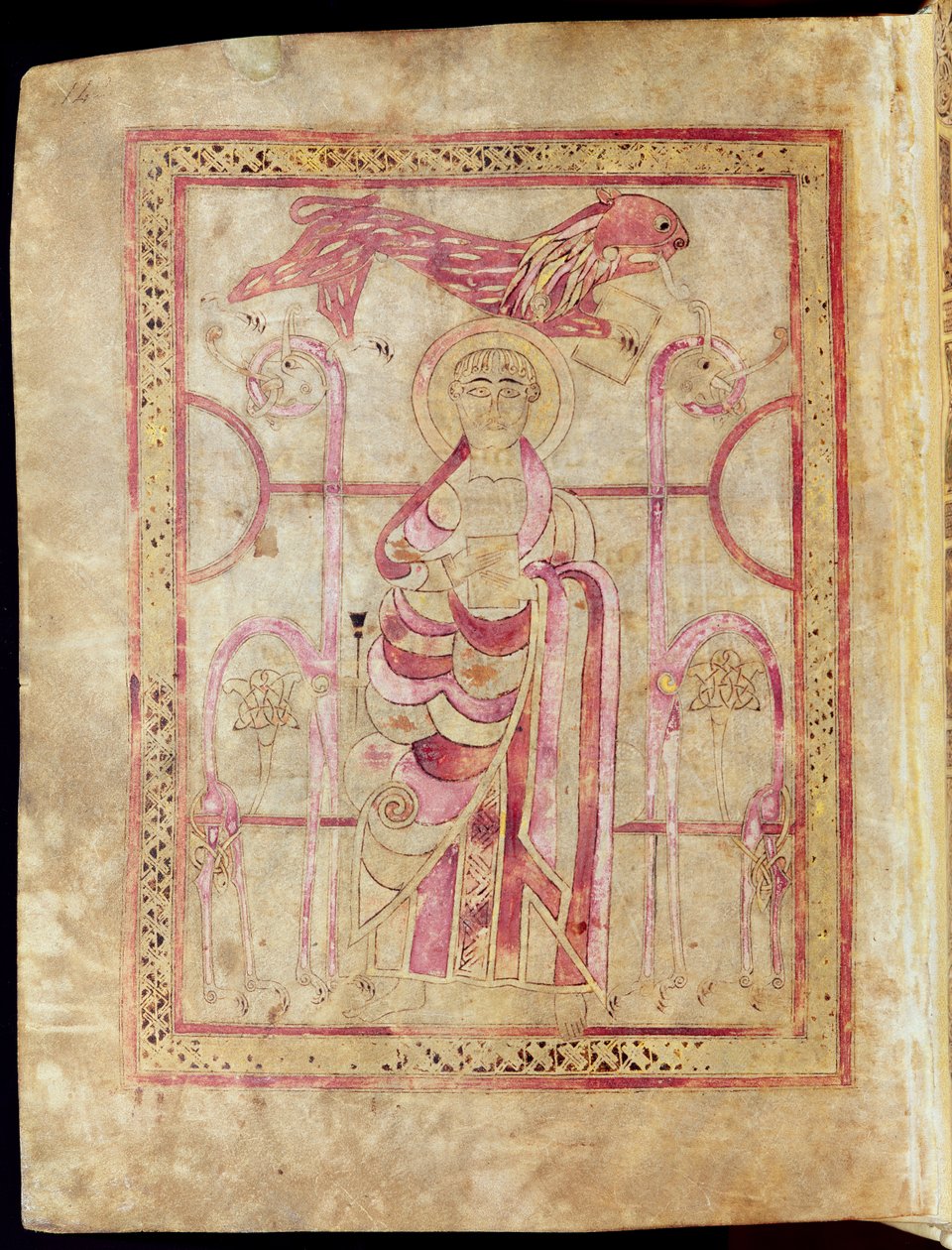 St. Mark tronade med sitt lejon, titelsida till St. Marks-evangeliet, från Lichfield-evangelierna, c.720 av English School