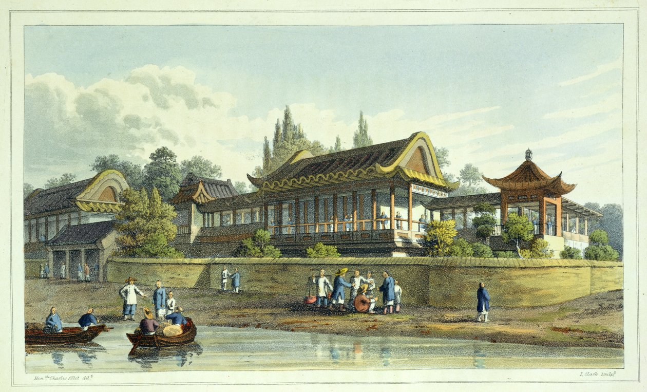 Kejsarens sommarpalats, mitt emot staden Tien-Sing, skylt 2 från Journal of the Proceedings of the Late Embassy to China, graverad av J. Clark, 1817 (akvatint) av English School