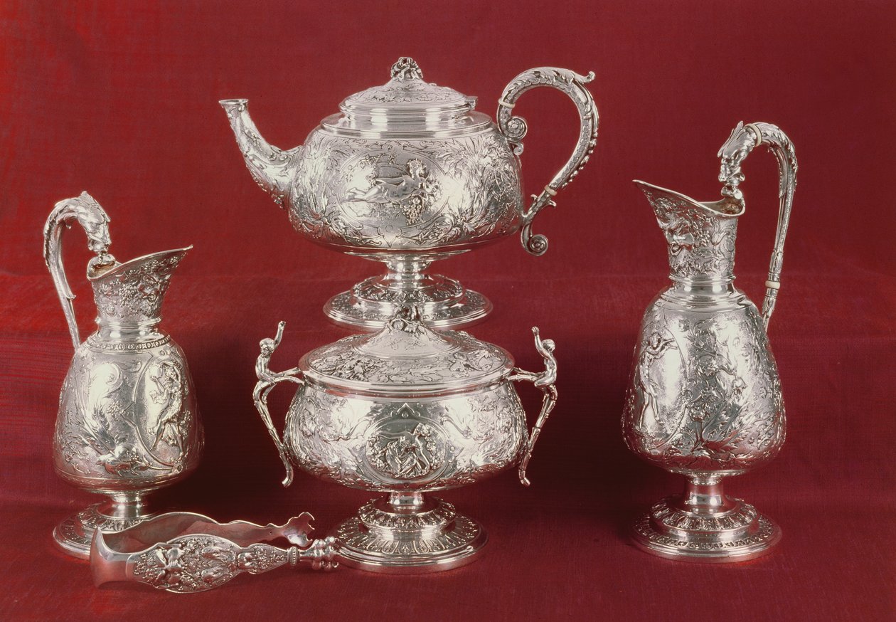 Teaset med jagad dekor, i fransk stil, London, 1874-75 (silver) av English School