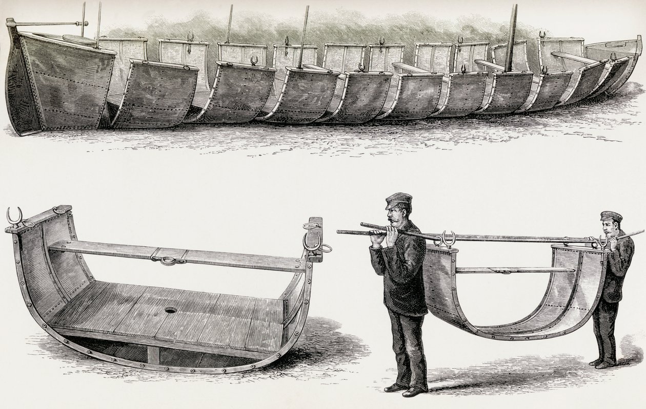 Den 28 fot långa stålbåten Advance, designad för att bäras över land, 1890 (trägravyr) av English School