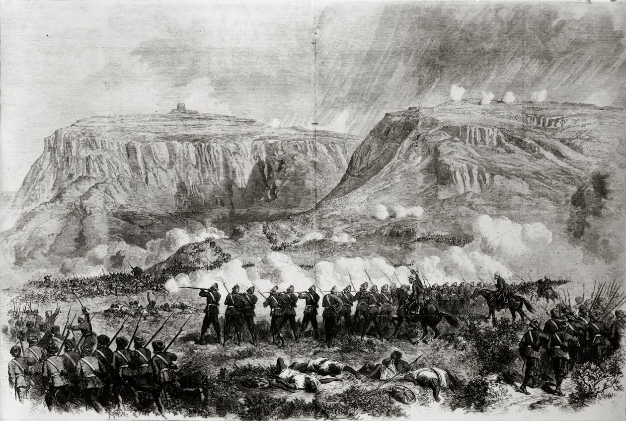 Den abessinska expeditionen: Slaget vid Arogee, före Magdala, på långfredagen den 10 april, publicerat i "The Illustrated London News". 1868 av English School
