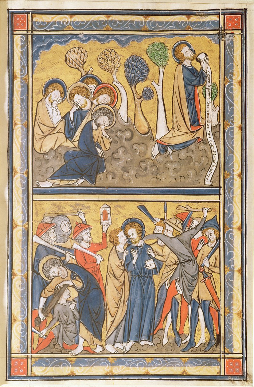 Agony in the Garden and the Betrayal of Christ, blad från en psalter, c.1270 (tempera, bläck och bladguld på veläng) av English School