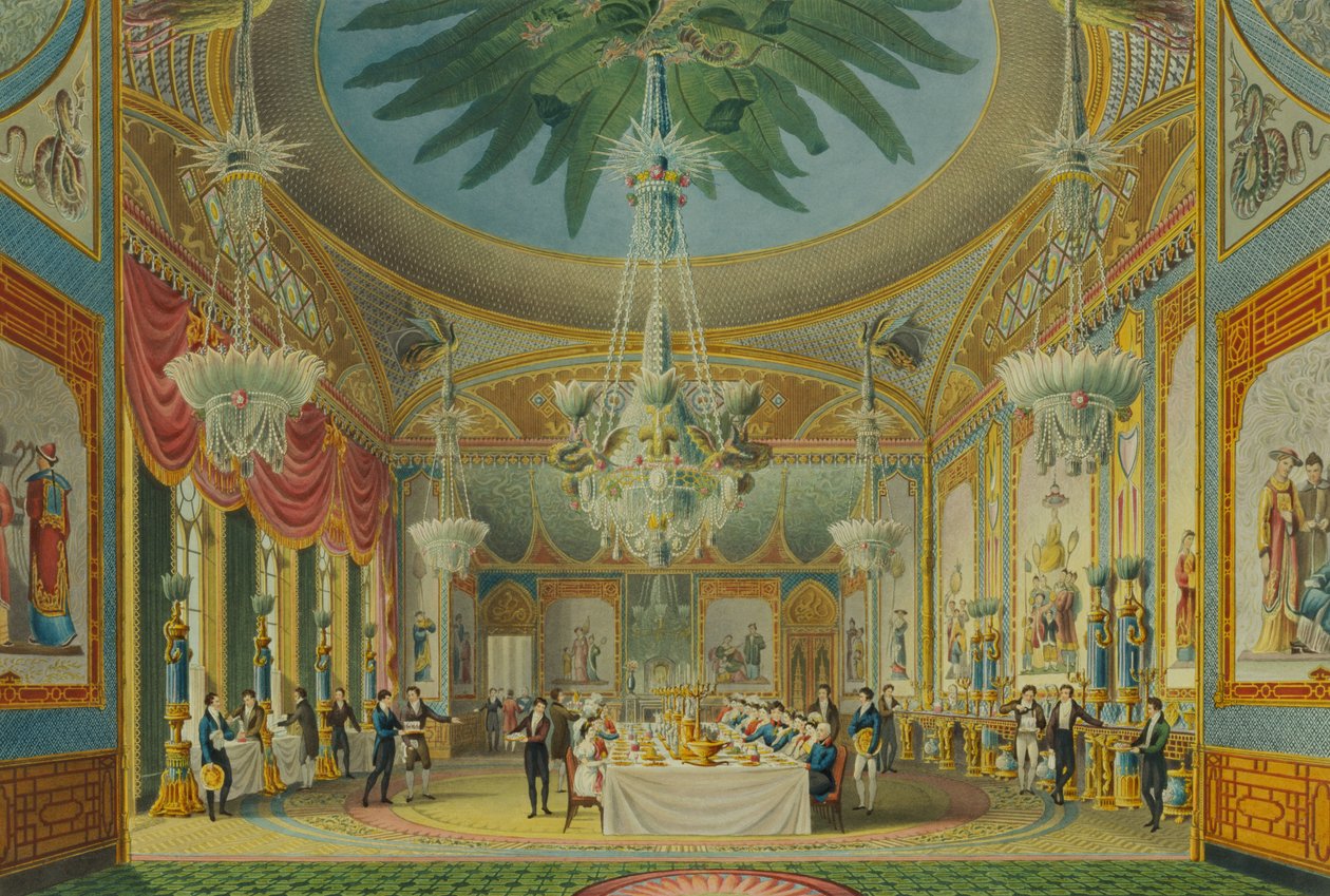 Bankettrummet, från "Views of the Royal Pavilion, Brighton" av John Nash (1752-1835) 1826 (akvatint) av English School