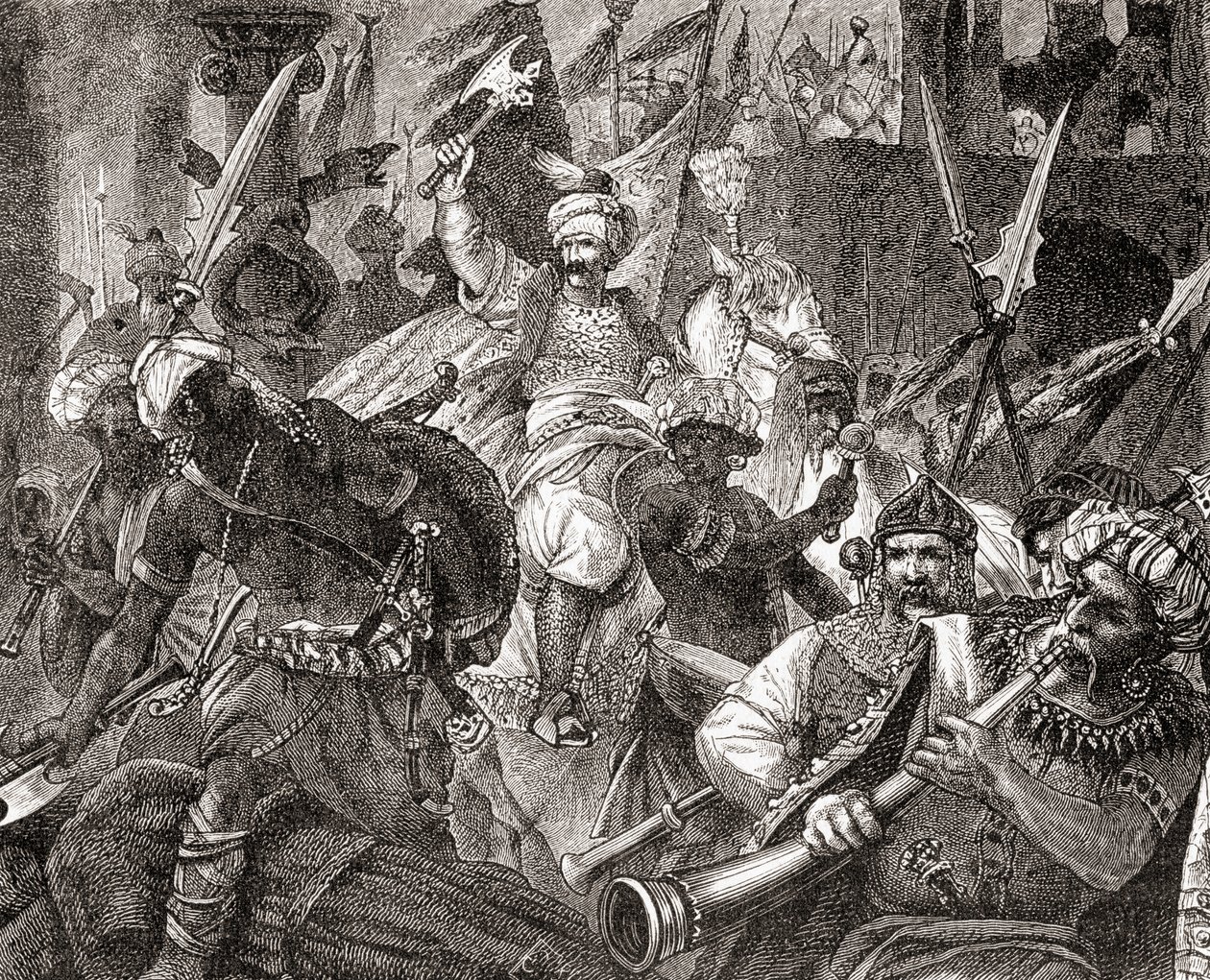 Slaget vid Alcacer Quibir aka Battle of Three Kings eller Battle of Oued al-Makhazin, norra Marocko, 4 augusti 1578, från Ward and Locks Illustrated History of the World, pub. c.1882 av English School