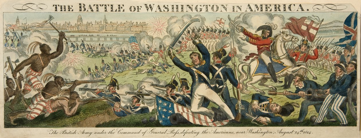 Slaget vid Washington i Amerika, 24 augusti 1814, pub. C.1816 (handfärgad gravyr) av English School