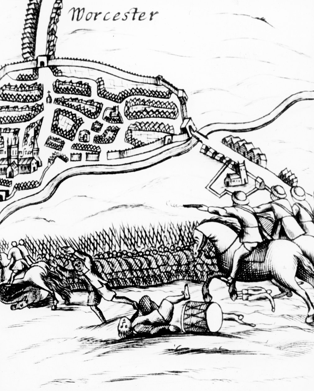 Slaget vid Worcester den 3 september 1651, publicerat i ett broadsheet från 1660 av English School