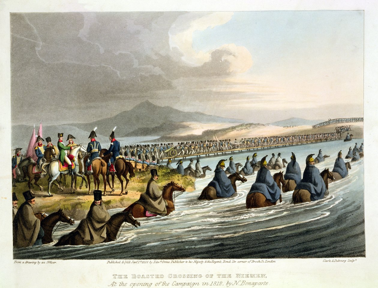 The Boasted Crossing of the Niemen vid öppningen av kampanjen 1812 av N. Bonaparte, från en teckning av en officer, graverad av John Heaviside Clark (c.1771-1863) och Matthew Dubourg (fl.1813-20) av English School