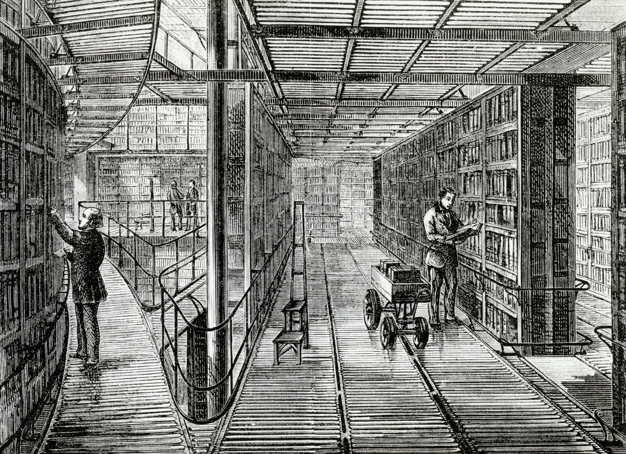 The Book-Cases at the British Museum, illustration från "Old and New London" av Edward Walford, publicerad ca 1880 av English School