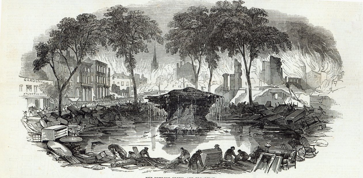 The Bowling-green och Broadway, New York, från The Illustrated London News, 23 augusti 1845 av English School