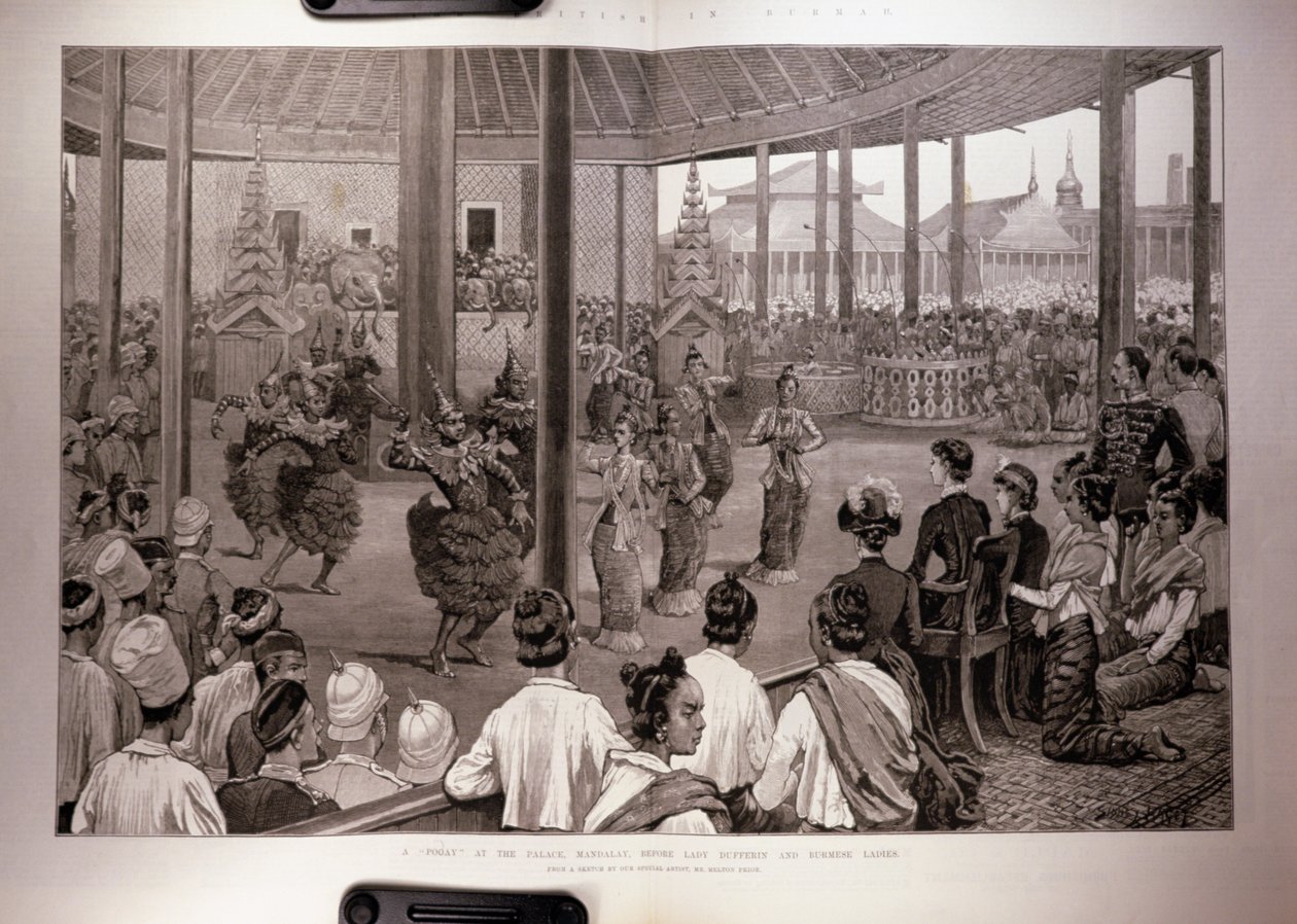 Britterna i Burma: A Pooay at the Palace, Mandalay, Before Lady Dufferin and Burmese Ladies, från "The Illustrated London News", 17 april 1886. av English School