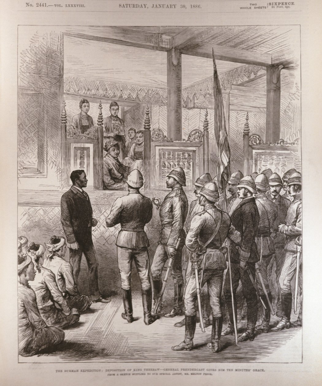 The Burmah Deposition of King Theebaw (1858-1916): General Prendergast Gives Him Ten Minutes Grace, från The Illustrated London News, 30 januari 1886 av English School