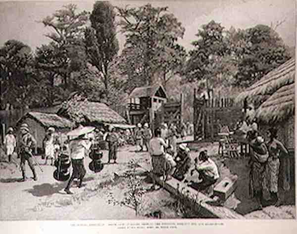 Burmah-expeditionen: South Gate of Bhamo som visar stockaden, utkikshyddan och vakthuset, från The Illustrated London News, 3 juni 1886 av English School