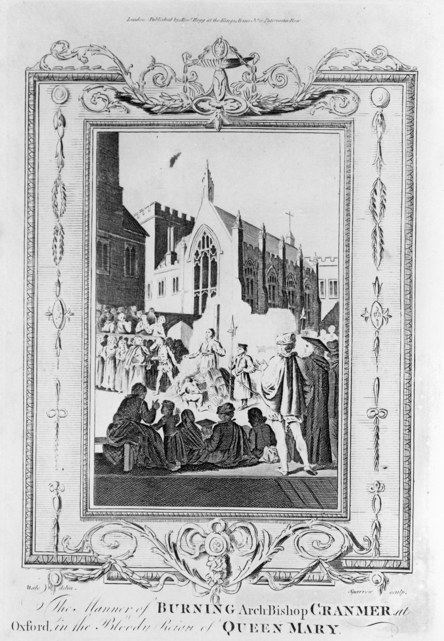 Bränningen av ärkebiskop Thomas Cranmer (1489-1556) i Oxford under Queen Marys blodiga regeringstid (1516-58), graverad av Thomas Sparrow (1765-84) av English School