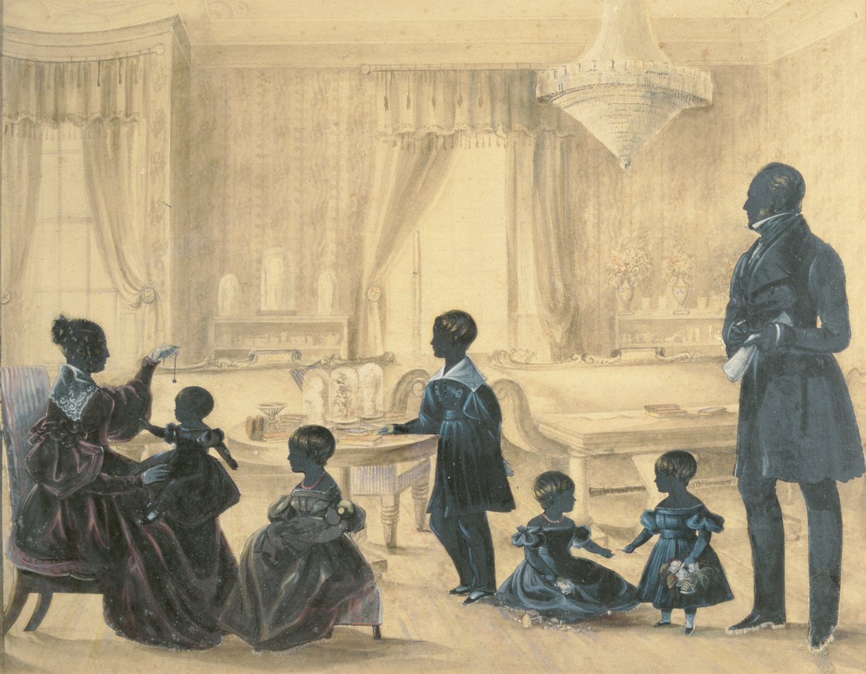 Familjen Burrell i deras hus i Durham, ca 1820 (wc med applicerade silhuetter) av English School