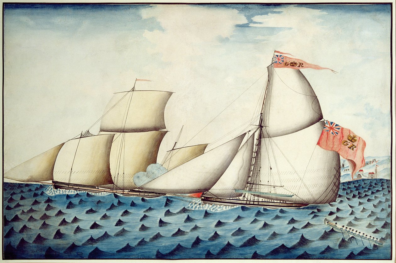 The Capture of The Four Brothers av The Badger, Revenue Cutter, ca 1823 (penna och wc) av English School