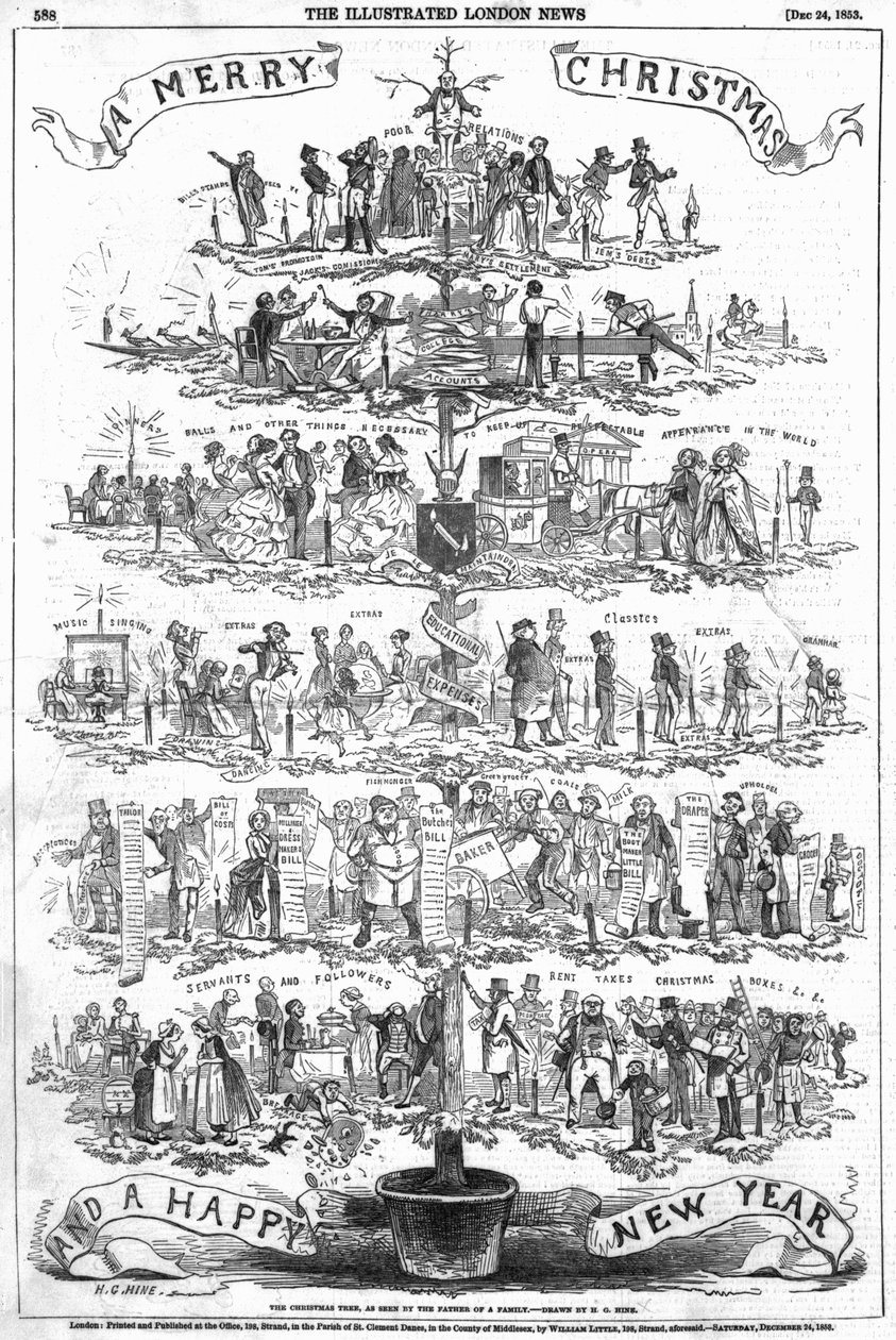 Julgranen, sett av fadern till en familj, illustration från 
