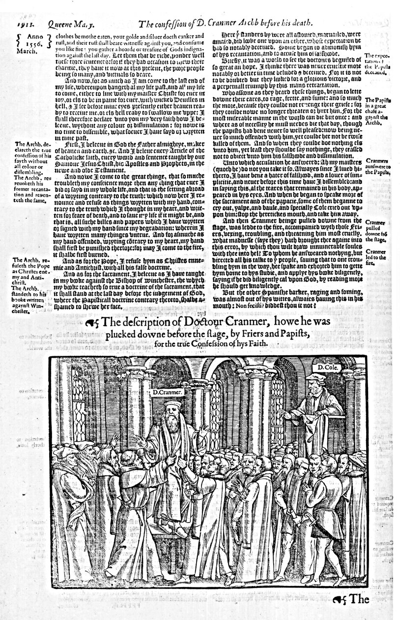 Bekännelsen av doktor Thomas Cranmer (1489-1556) ärkebiskop av Canterbury, före hans död, från "Acts and Monuments" av John Foxe (1516-87) 1563 av English School