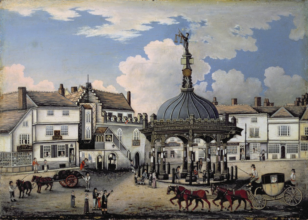 The Cornhill, Ipswich, ca 1800 (bräda) av English School