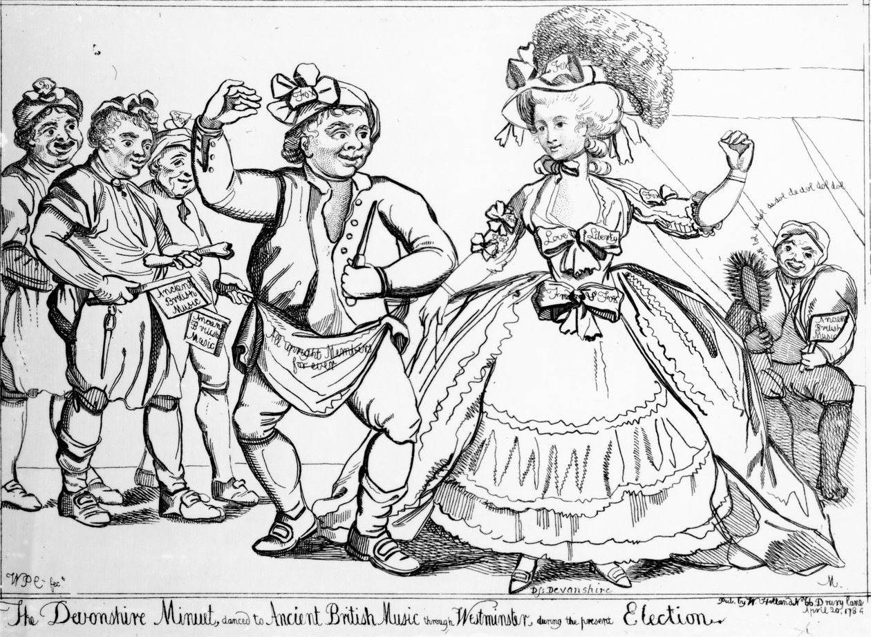 Devonshire Menuet, dansade till antik brittisk musik genom Westminster under valet, tryck gjord av William Paulet Carey, 1784 av English School